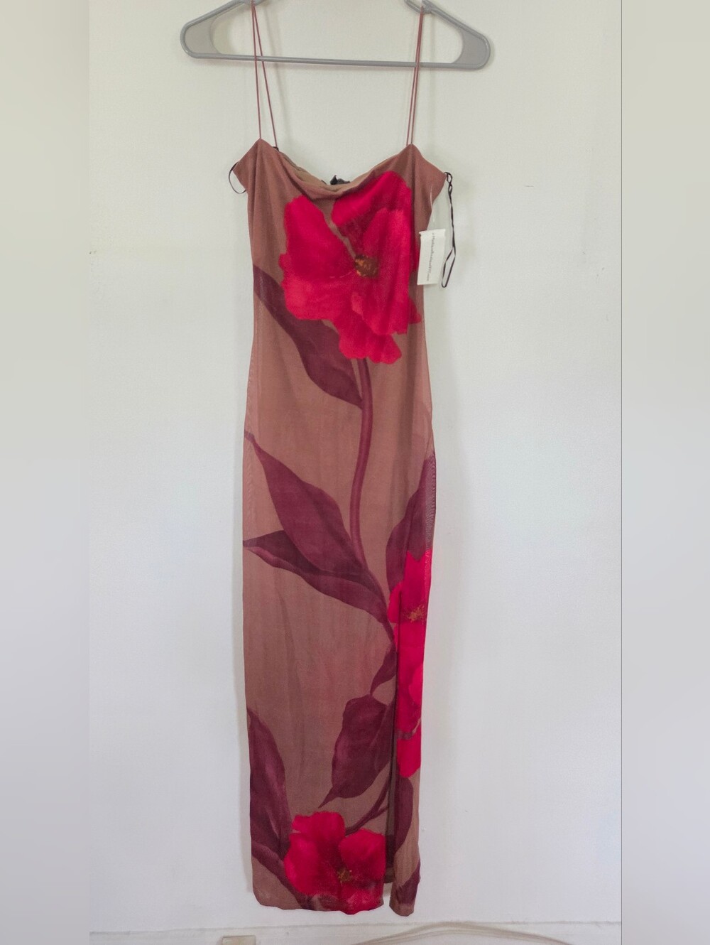 Mystique Boutique Brown Maxi Dress with Bright Red Floral Print